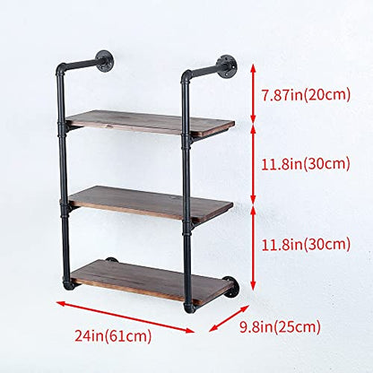Industrial Pipe Shelves With Wood Planks,Rustic Pipe Shelving Wall Shelf | Metal Pipe Solid Pine Wood,Easy to Assemble,Wooden Board Thickness 0.78 In,For Bar Farmhouse Kitchen Office Bathroom,Bedroom - color: 3-layer, size: 24in