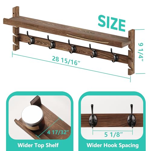 AMBIRD Wall Hooks with Shelf 28.9inch Entryway Wall Hanging Shelf, Wood Coat Hooks, Coat Rack Wall Mount Rack with 5 Dual Hooks, Glasses Organizer and Hat Organizer - style: 5 Hooks