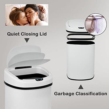 Kitchen Trash Can, 13 Gallon Automatic Can with Lid and Motion Sensor Office Bedroom Bathroom Living Room, Touchless Metal Lid, WHITE, 17.3 x 13 x 23.6 - color: WHITE