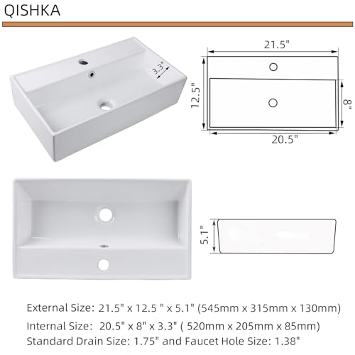Wall Mount Rectangular Bathroom Sink, QISHKA 22"x12.4" Modern Ceramic Floating Vessel Sink, White Rectangle Vanity Sink with Overflow, Wall Hung Wash Hand Basin - size: 22" x 12.4" x 5.3"