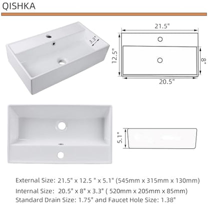 Wall Mount Rectangular Bathroom Sink, QISHKA 22"x12.4" Modern Ceramic Floating Vessel Sink, White Rectangle Vanity Sink with Overflow, Wall Hung Wash Hand Basin - size: 22" x 12.4" x 5.3"