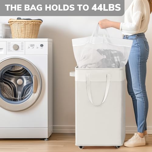 Goodpick 75L Hamper with Wheels & Wash Bag, College Dorm Room Essentials | Clothes Hamper with Removable Wash Bag for Laundry Room, Large Rolling Laundry Basket with Handles, White - color: White 1-Pack