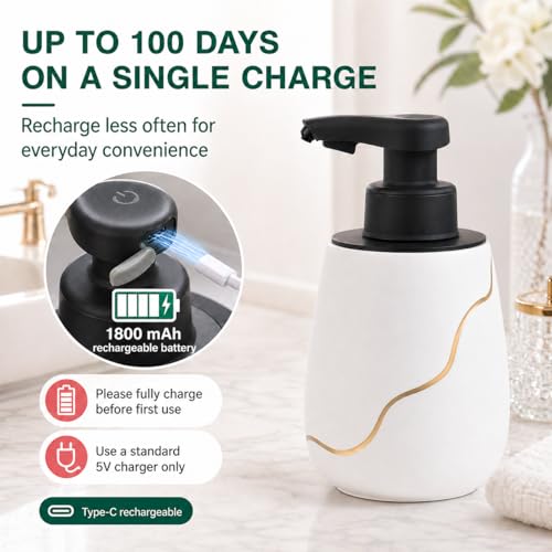 BosilunLife Rechargeable Auto Touchless Foam Soap Dispenser 17oz Ceramic | With Elegant Golden Curved Line.With Waterproof Pump,Touch-Free Sensing.17oz Dish Soap For Kitchen And Bathroom，White - color: White, style: Foam Pump