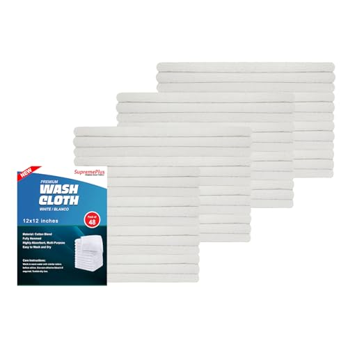 Premium White Wash Cloths - 600 GSM, 12 x 12 Inch, Pack of 48, Ring Spun Cotton Blend - Soft, Durable, Absorbent Washcloths for Face and Body, Machine Washable - size: Pack of 48