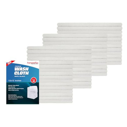 Premium White Wash Cloths - 600 GSM, 12 x 12 Inch, Pack of 48, Ring Spun Cotton Blend - Soft, Durable, Absorbent Washcloths for Face and Body, Machine Washable - size: Pack of 48