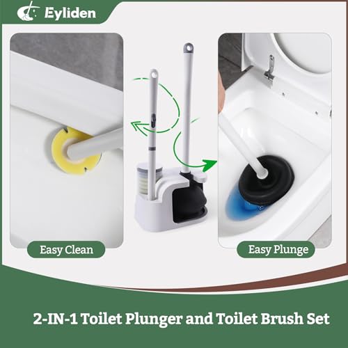Eyliden Toilet Brush and Plunger Set, Disposable Wand Kit with 10 Refills | Pre-Soaked Concentrated Cleaner Sponge, Touch-Free, 2-in-1 Compact Holder, Powerful Suction Cup, Bathroom Cleaning System - color: White