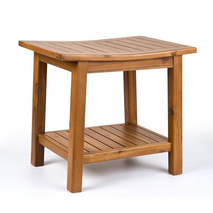 Upolana Outdoor Shower Bench, 20" Solid Acacia Wood Shower Stool Waterproof Shower Seat with Storage Shelf for Bathroom - SB001V