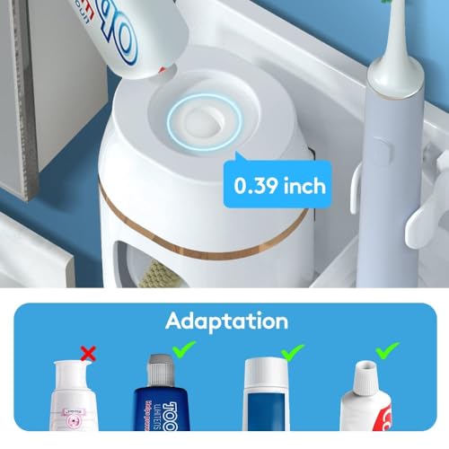 TuCao Wall Mounted Toothbrush Holder with Automatic Toothpaste Dispenser, No Drill Bathroom Organizer White