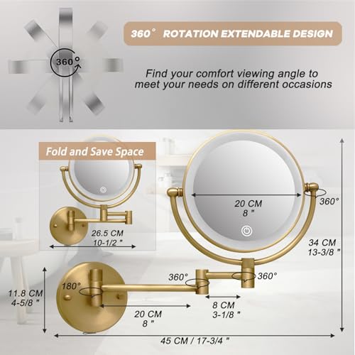 Wall Mounted Makeup Mirror with Light and Magnification 10X, Antique Brass | 8" Bathroom Double Sided Magnifying Vanity, Touch Dimmable, Extended Arm 360 Rotation Foldable Shaving, Brushed, Rechargeable - color: Antique Brass