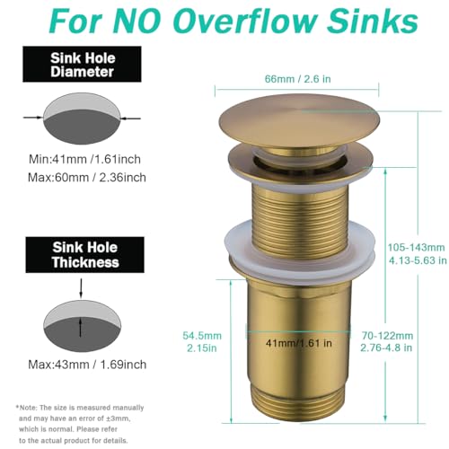 All Metal Bathroom Sink Drain,Pop-up Drain with Detachable Basket Stopper,Anti-Clogging Drain Strainer,Hair Catcher,for Vanity Vessel Sink Without Overflow,Champagne Bronze,SE83997PB-CB - color: Champagne Bronze(without Overflow)