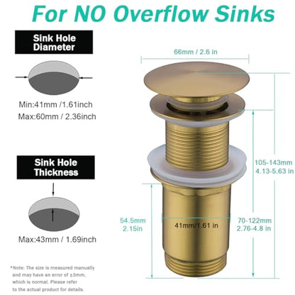 All Metal Bathroom Sink Drain,Pop-up Drain with Detachable Basket Stopper,Anti-Clogging Drain Strainer,Hair Catcher,for Vanity Vessel Sink Without Overflow,Champagne Bronze,SE83997PB-CB - color: Champagne Bronze(without Overflow)