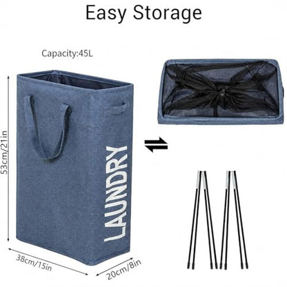 Narrow Laundry Hamper, Skinny Laundry Basket, 45L Blue, 21" | Slim Laundry hamper for Small Spaces laundry bag with handle, Foldable clothes hampers for laundry basket organizer - color: Denim Blue
