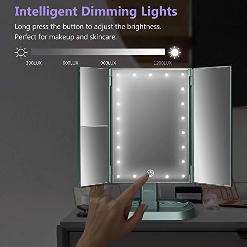 Trifold Lighted Vanity Makeup Mirror with 21 LED Lights,1x/2x/3x Magnification Touch Screen Dimming,Two Power Supplies Makeup Mirror, Gift for Women - color: Green