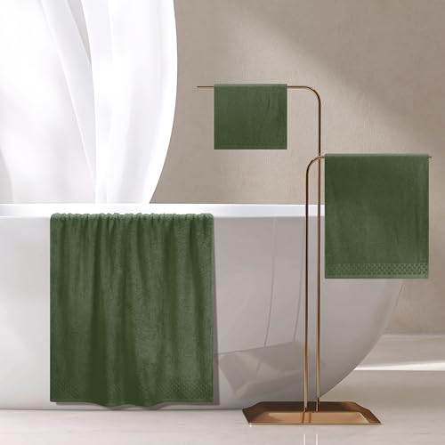 MyOwn Ultra Soft 3 Pack Cotton Towel Set, Contains a Bath Towels 28x55 inch, a Hand Towels 16x24 inch & a Wash Coths 12x12 inch, Ideal Everyday use, Compact & Lightweight - Olive Green - color: Olive Green, size: 3 Pack Set