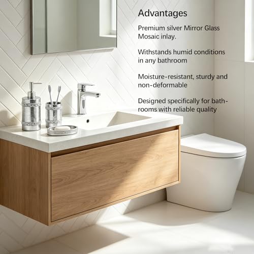 Silver Bathroom Accessories Set, Mosaic Decoration 4-piece Set | Deluxe silver mosaic bathroom 4-piece set,including soap dispenser,soap tray,toothbrush cup,partitioned toothbrush holder - size: 4 Pc Set