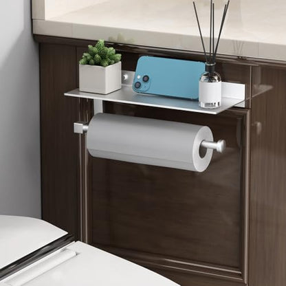 Wall Mount Paper Towel Holder with Shelf for Bathroom/Kitchen, Adhesive Hand Towel Holder, Matte Silver - color: Silver
