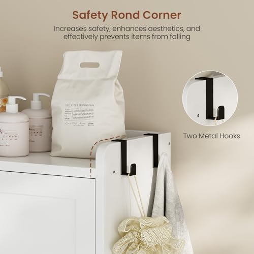 Over The Toilet Storage Cabinet with Rolling Storage Cart, Bathroom Organizers and Storage with Adjustable Shelf & Hooks, Above Toilet Rack for Bathroom, Restroom, Laundry, Save Space, White