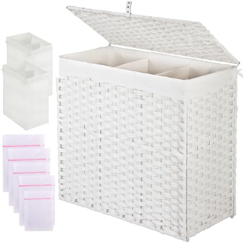 Greenstell Laundry Hamper with Lid, 125L Wicker Laundry Baskets with 2 Removable Liner Bags & 5 Mesh Laundry Bags, Handwoven Rattan Clothes Hamper with Handles for Clothes in Bathroom, Bedroom - color: Light White