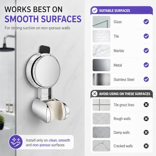 Suction Cup Shower Head Holder, Chrome, No Drill, Adjustable | Strong Suction Hold, Removable No-Drill Wall Mount with Adjustable Angle for Smooth Tile, Glass, Marble and Metal Surfaces - style: Chrome-L