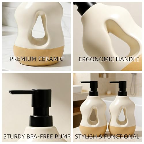 BosilunLife Ceramic Soap Dispenser - Soap Pump Dispenser Bathroom Kitchen Modern Farmhouse Elegant Refillable Soap Dispenser Lotion Hand Pump Dispenser for Kitchen Sink (Beige with Sand Base, 15oz) - color: Beige With Sand Base