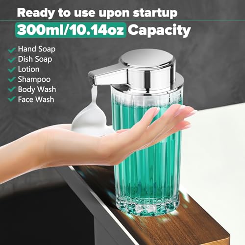 Automatic Soap Dispenser Foam for Kitchen: 11 OZ Glass Touchless Clear Auto Foaming Soap Dispenser for Bathroom - Hand Dish Lotion Home Countertop Kids - Family Couple - color: Vertical Stripe Style Foam