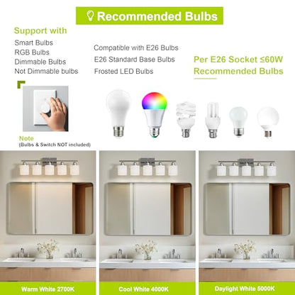 5-Light Bathroom Light Fixture, Brushed Nickel Vanity Lights Over Mirror, Anti-Rust, White Glass Shades, E26 Base, Bulb Not Included - color: Brushed Nickel-5 Light