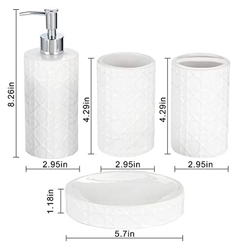 CAA'S Bathroom Accessories Set Ceramic 4 Pieces Bathroom Ensemble for Bath Decor Includes Lotion Dispenser Toothbrush Holder Tumbler Soap Dish (White Netting) - style: Luxury,Elegant