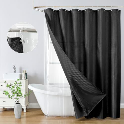 QiyI 3 in 1 Waffle Shower Curtain Set with Liner, Black, 36 x 72 | Shower Curtain and Liner Set with Hooks, Waterproof Stall Bathroom Curtain with PEVA Liner & 6 Double Sided Plastic Rings - color: Black, size: 36"W x 72"L (Pack of 1)