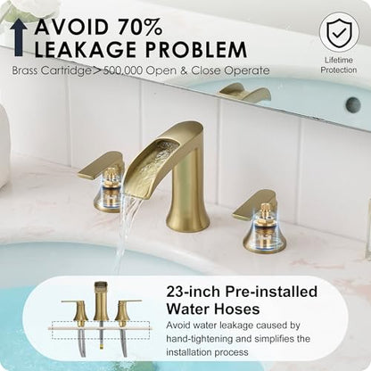 Brushed Gold Bathroom Faucet 3 Hole, 4-8 Inch Brass Widespread Waterfall Bathroom Sink Faucets with Pop Up Drain and cUPC Supply Line, 2 Handles for Vanity, Lavatory, Restroom, Apartment, Modern - color: Brushed Gold - Elegant