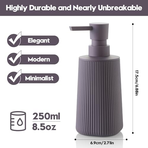 YAUKPH Small Soap Dispenser for Bathroom and Kitchen Matte Purple | Modern Farmhouse Striped Style Plastic Hand Soap Dish Soap Dispenser with Pump - color: Lavender Purple