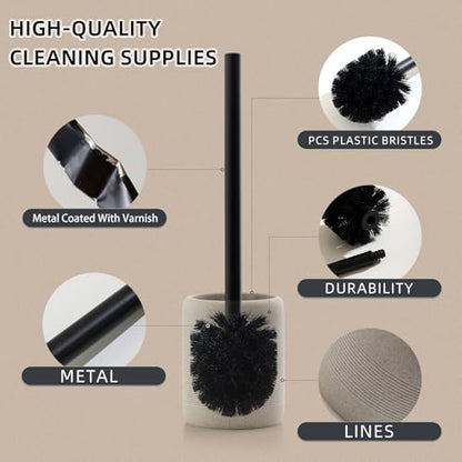 Toilet Brush and Holder Set, 2 PCS,Simple Sandstone Look,Beige | Decorative Toilet Bowl Brush and Holder Set,Heavy-Weight Resin Base with Long Handle Scrubber Brush,Bathroom Aceessories