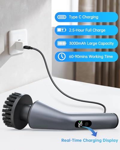 Electric Spin Scrubber, IPX7 Waterproof 2-Speed, Extendable Long Handle Cordless Cleaning Brush with 7 Replacement Brush Heads for Bathroom Shower Bathtub Glass Tub Tile Floor Car