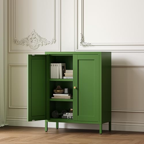 Small Metal Storage Cabinet, 23.6" Wide Bathroom Cabinet with 2 Adjustable Shelves, 3-Tier Shaker Sideboard Storage Unit for Entryway Living Room Kitchen,Forest Green - color: Forest Green, size: 11.8"D x 23.6"W x 31.5"H