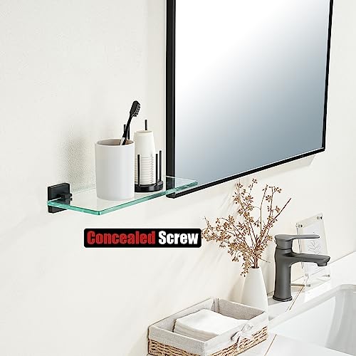 JQK Bathroom Glass Shelf Black, Tempered Glass Shower Storage 12 by 5 inches, 304 Stainless Steel Matte Black Wall Mount, TGS201L12-PB - color: Matte Black, size: 12 Inch