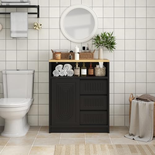 Gyfimoie Freestanding Bathroom Storage Cabinet with 3 Drawers & 1 Sliding Door, Floor Cabinet with Adjustable Shelves for Bathroom, Entryway (Black)