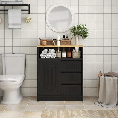 Gyfimoie Freestanding Bathroom Storage Cabinet with 3 Drawers & 1 Sliding Door, Floor Cabinet with Adjustable Shelves for Bathroom, Entryway (Black)
