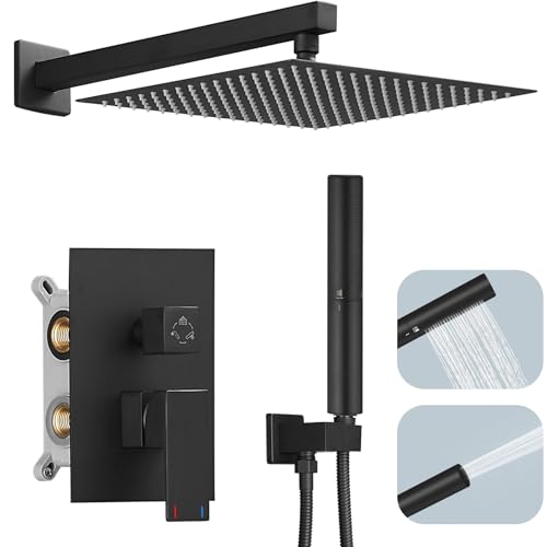 Hoimpro 12'' Rain Shower Head Shower Faucet Set with Handheld Sprayer Black | Stainless Steel Rainfall Shower Head, Shower System Fixture Combo, Square, High Pressure Vlave Trim Kit, Wall Mounted, Matte - color: Matte Black