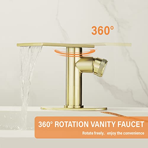 becola Modern Brushed Gold Bathroom Faucet，Waterfall Faucet for Bathroom Sink，Single Hole Cold and Hot Basin Mixer Tap，Single Handle Vanity Faucet with Adjust Knobs and Deck Plate - color: Brushed gold, size: low