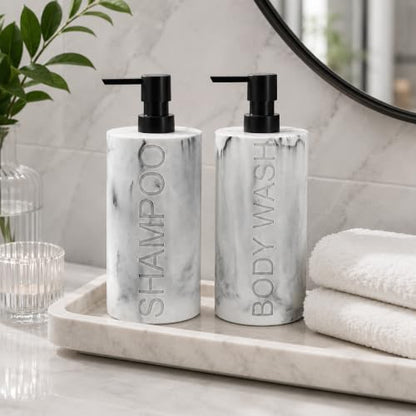 Marble Resin 2 Piece Shampoo and Body Wash Dispenser Set, Luxurious Refillable Pump Bottles with Matte Pump Top and Embossed Text, Durable Design for Bathroom and Shower - color: 2pack Marble Shampoo and Body Wash Set