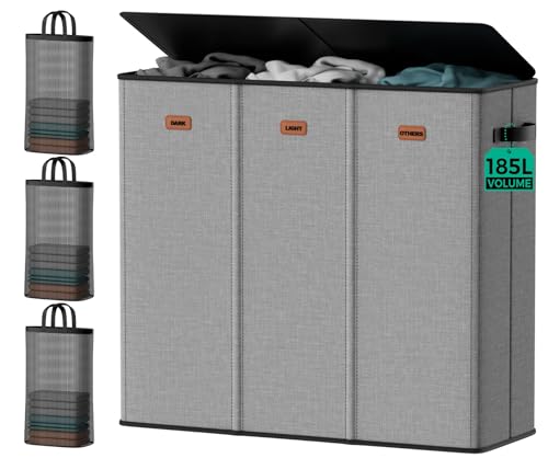 185L Laundry Hamper 3 Section with Lid & Removable Bags | Collapsible laundry basket organizer for laundry room, bedroom & dorm with 3 removable washing bags - color: Grey, size: 185L - 3 Section