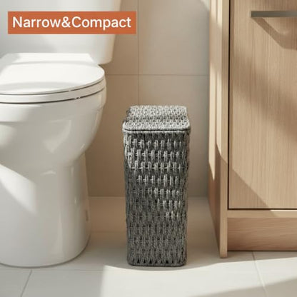 Coeusy 3 Gallon Paper Rope Bathroom Trash Can,Small Wicker Trash Cans with Lid and Liner,Woven Rattan Narrow Waste Basket for Bedroom,Office,Grey - color: Grey