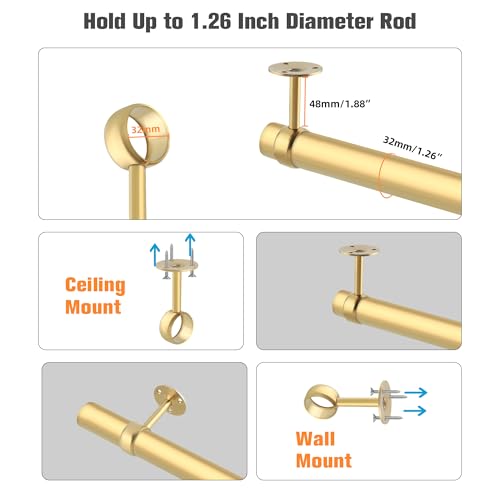 Alise Curtain Rod Holder Bracket 32mm Dia,Closet Rod Holders Wall Mount | Ceiling Mounted,Curtain Rod Flange Brackets,Ceiling Curtain Rods Brackets,for Bathroom Curtain,Stainless Steel,Gold,4 Pcs - color: Golden Finish, size: 32mm/1-1/4 Inch Dia.