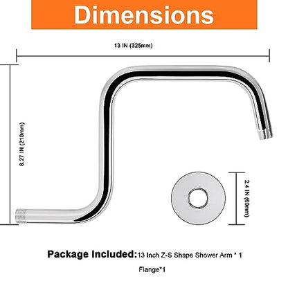 S Shaped Shower Arm, High Rise Shower Head Extension Pipe Standard 1/2" Connection with Flange, Awesome Shower Experience-Stainless Steel Bathroom Accessory(13 Inch Z-S Shape, Chrome Finish) - color: Chrome Finish, style: 13" Z Shape