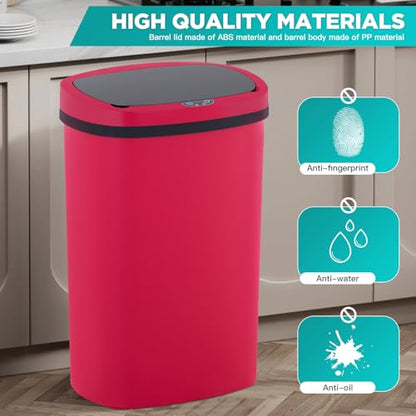 PayLessHere | 13 Gallon Plastic Trash Can | Red | Automatic Touchless Lid with Motion Sensor | Kitchen Garbage Can with Waterproof Design | for Home, Office, Bathroom | Pack of 1 - color: Red