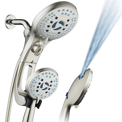 AquaCare 50-mode High Pressure Shower Head Combo with Arm & Dual Power Wash | Hygienic Jets, 2-mode Handheld Power Wash for Tub, Tile & Pets, Long 6 ft. Stainless Steel Hose, Extra Wall Bracket / Nickel - color: Satin Nickel, style: 1.8 Gallons Per Minute