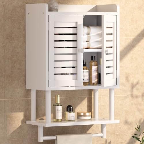 AmazerBath Bathroom Wall Cabinets, Bamboo Medicine Cabinets with Towel Bar, Hanging Over The Toilet Storage Cabinet with Adjustable Shelves, Organizer Cabinet for Small Spaces, 8.3x16.5x26.6 Inches - color: White With Striped Door, size: 16.5" W x 26.6" H