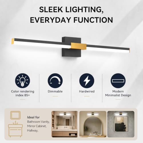 SOLFART Bathroom Lighting Fixtures Over Mirror: 32-Inch Black and Gold Dimmable Built-in Step Dimming Vanity Light ETL IP44 - color: Black Gold-6000K, 5-Step Brightness Control, size: 32 inch