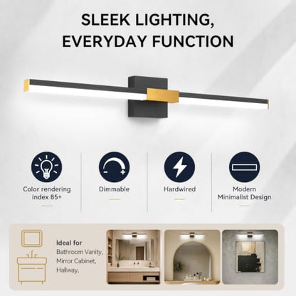 SOLFART Bathroom Lighting Fixtures Over Mirror: 32-Inch Black and Gold Dimmable Built-in Step Dimming Vanity Light ETL IP44 - color: Black Gold-6000K, 5-Step Brightness Control, size: 32 inch