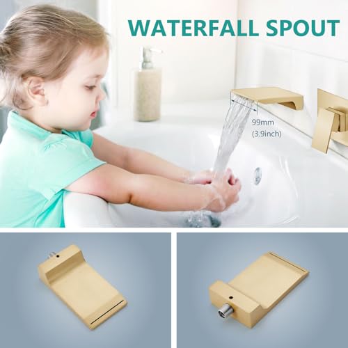Wall Mount Bathroom Faucet, Waterfall Tub Filler, Brushed Gold | SUS304 Waterfall Spout, Rough-In Valve, Single-Handle Control, 1/2-Inch NPT, Flexible Handle Placement - color: Brushed Gold