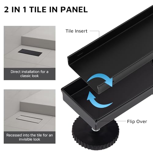 12 Inch Linear Shower Drain Matte Black, Rectangular Reversible 2 in 1 Tile Insert Grate, 304 Stainless Steel Shower Floor Drain Kit, Hair Catcher, Leveling Feet - color: Matte Black, size: 3"x 12"-Tile Insert